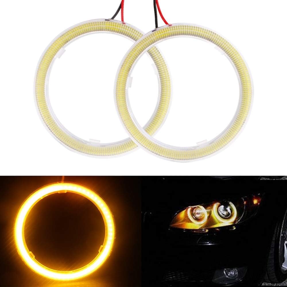 1-Pair Yellow 70MM 60SMD COB LED Angel Eyes Bulb Halo Ring Lamp Light With Housi