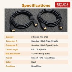 HDMI to HDMI Cable 6FT 4K Set of 2 for HDTV Monitor PS5 PS4 Xbox Blu-ray Player
