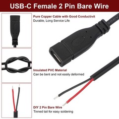 4 Pcs 0.25M/0.8Ft Type C Female Plug Bare Wire Cable 22AWG 12V 3A 2 Pin