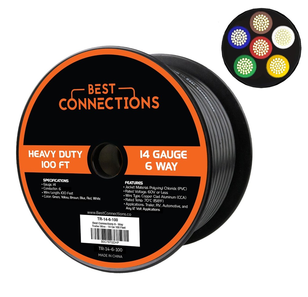 BEST CONNECTIONS 14 Gauge 6 Way Trailer Wire Durable, Weatherproof, Color-Coded