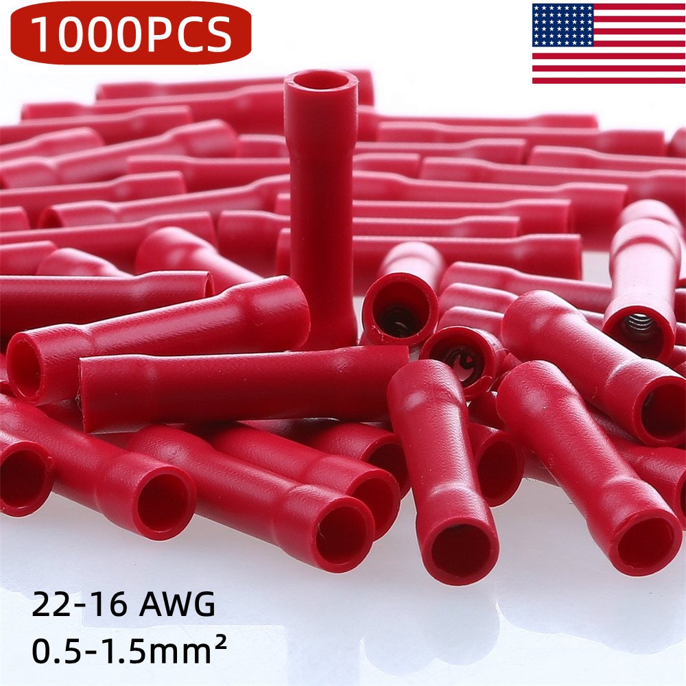 1000pcs Red Fully Insulated 22-16AWG Wire Crimp Butt Connectors Splice Terminals