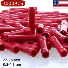 1000pcs Red Fully Insulated 22-16AWG Wire Crimp Butt Connectors Splice Terminals