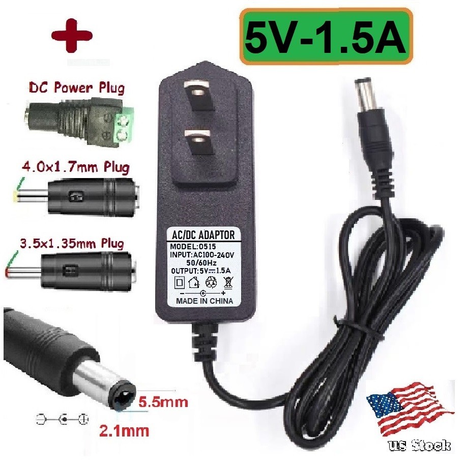 5V 1.5A AC/DC Adapter Power Supply Charger with 5.5×2.1mm + 3 DC Power Tips