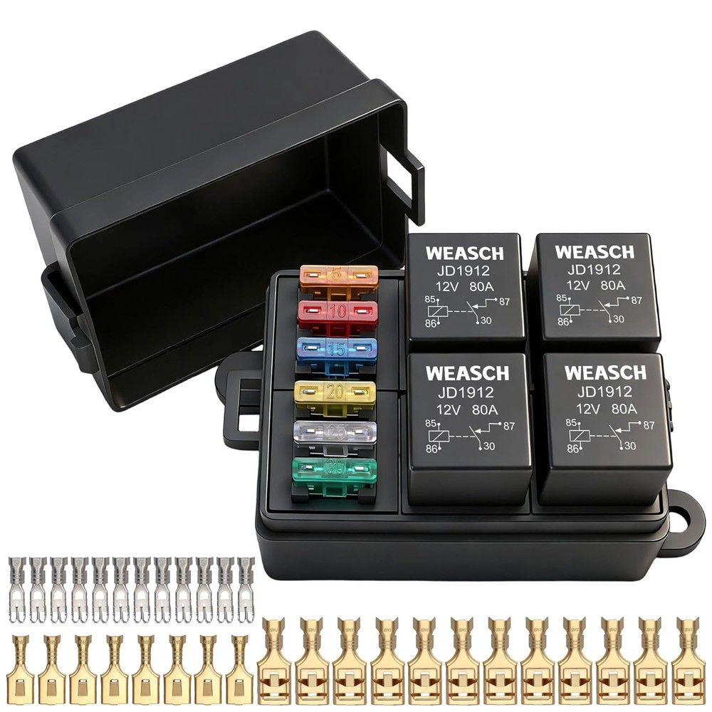 12V 6 Way Fuse Relay Box, 4×4-Pin 80Amp Relays and 6 ATC/ATO Blade Fuses, for Ca
