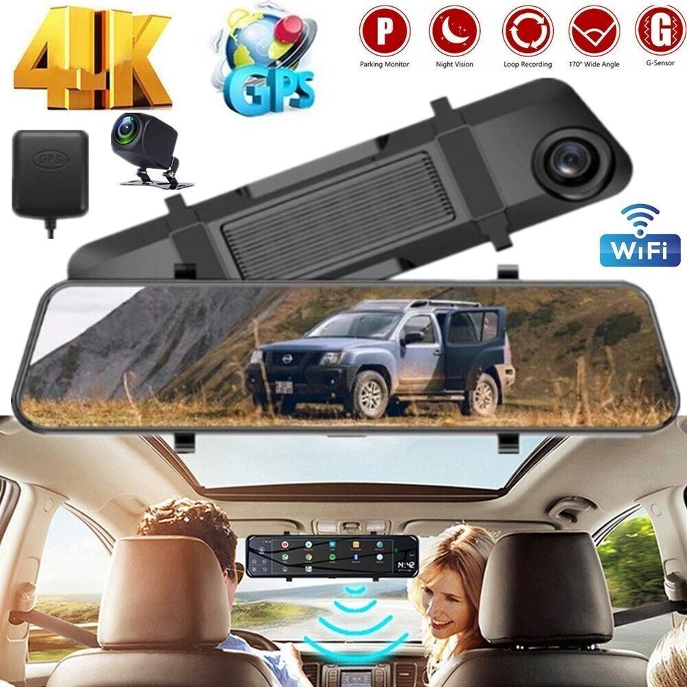4K 12″ Dash Cam Mirror GPS WiFi Voice Control Car Rear View Backup Dual Camera