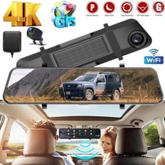 4K 12″ Dash Cam Mirror GPS WiFi Voice Control Car Rear View Backup Dual Camera