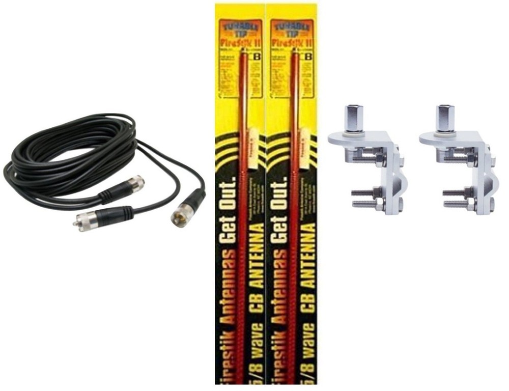NEW 2 FIRESTIK 2 FS3 R 3FT RED CB ANTENNAS, 18FT DUAL COAX, BRACKETS & STUDS