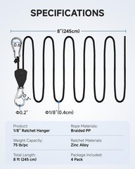 4 Pack 8 Ft Ratchet Tie Down Ropes 1/8 Inch Black Adjustable Rope Hangers