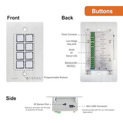8-Button Control Panel Wall Plate with Programmable LED Buttons, RS-232, RS-458,