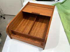 Vintage Indonesia Wooden Teak Tambour Roll Top Cassette Holder Case 14×9 3/4inch