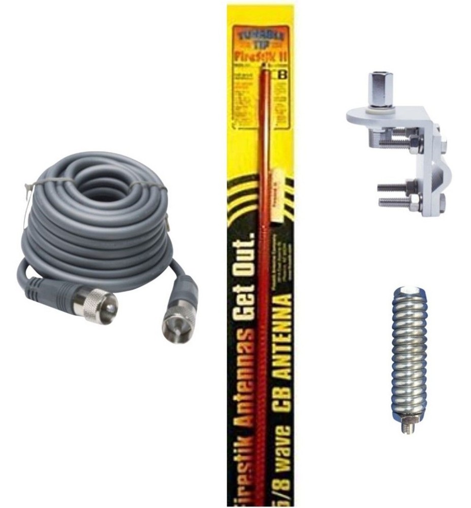 FIRESTIK 2 FS3 R 3FT RED CB ANTENNA, 18FT RG8X COAX, BRACKET,STUD & SS SPRING