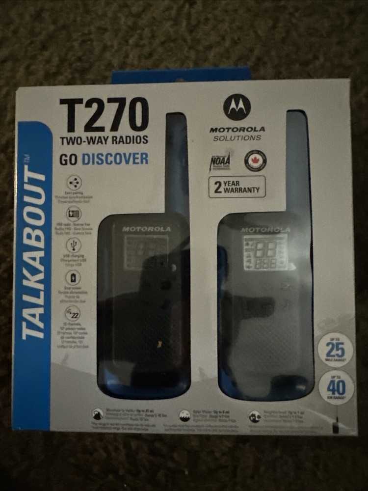 Motorola T270 Two-Way Walkie Talkie Set – Black/Blue, Pair of 2