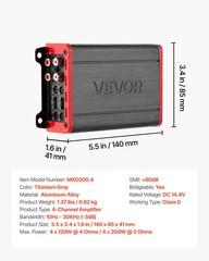 VEVOR Car Audio Amplifier Car Amplifier 4-Channel Class D Max. 4x120W at 4 Ohms