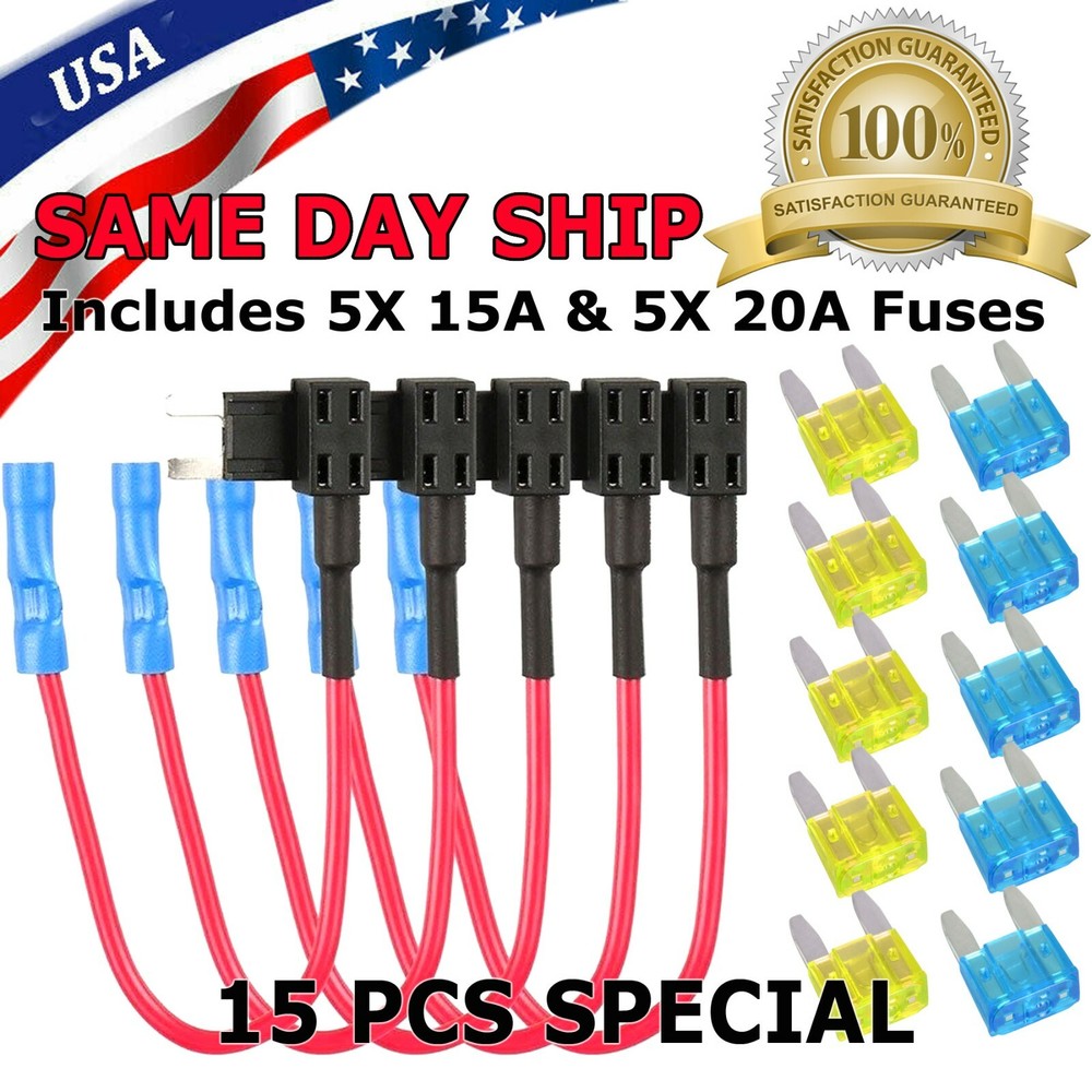 15Pcs Fuse TAP ADAPTER KIT 12V 20 Amp Car Add-a-circuit Mini ATM APM Blade Fuse