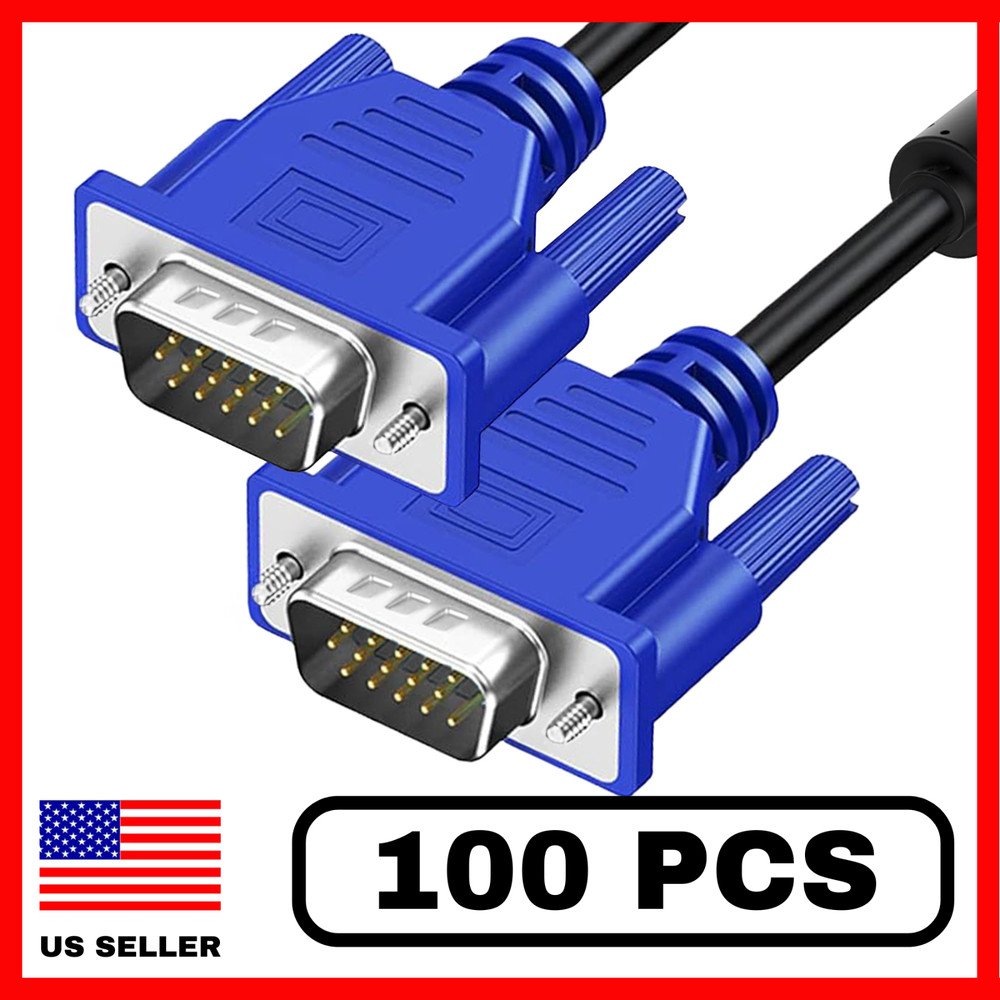 Lot of 100 VGA SVGA 5ft 15 Pin Monitor Cables M/M HD 1080p Male To Male Cords