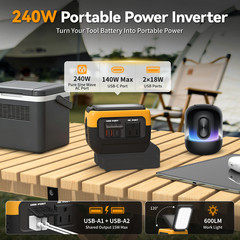 140W USB-C PD Fast Charge 240W Pure Sine Wave Inverter for Dewalt 20V Battery AC