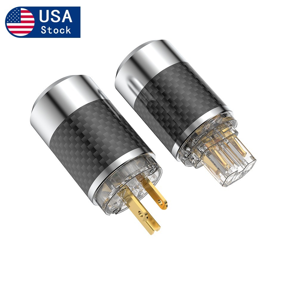 Pair 24k Gold Plated US Power Plug Carbon Fiber HiFi Audio Cable DIY Connector