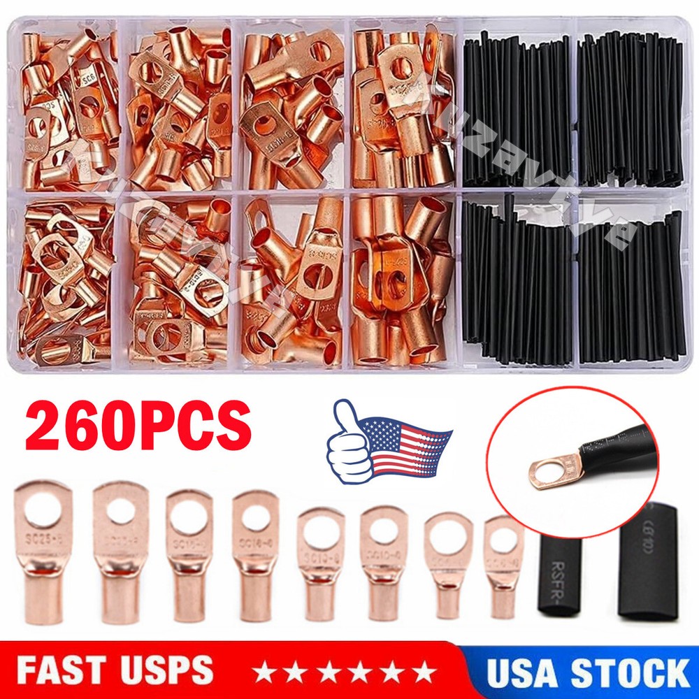 140/240X Battery Cable Lug Tinnrd Copper Ring Crimp Terminals Wire Connector Kit