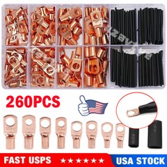 140/240X Battery Cable Lug Tinnrd Copper Ring Crimp Terminals Wire Connector Kit