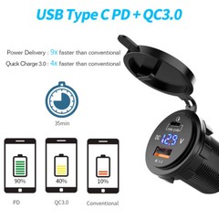 12V USB C Charger Port Fast Car Charger PD & QC Outlet Socket for Boat RV Marine