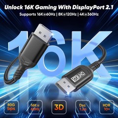 80Gbps DisplayPort 2.1 Cable 3.3FT 16K@60Hz 8K@120Hz 4K@240Hz HDR10 DSC DP