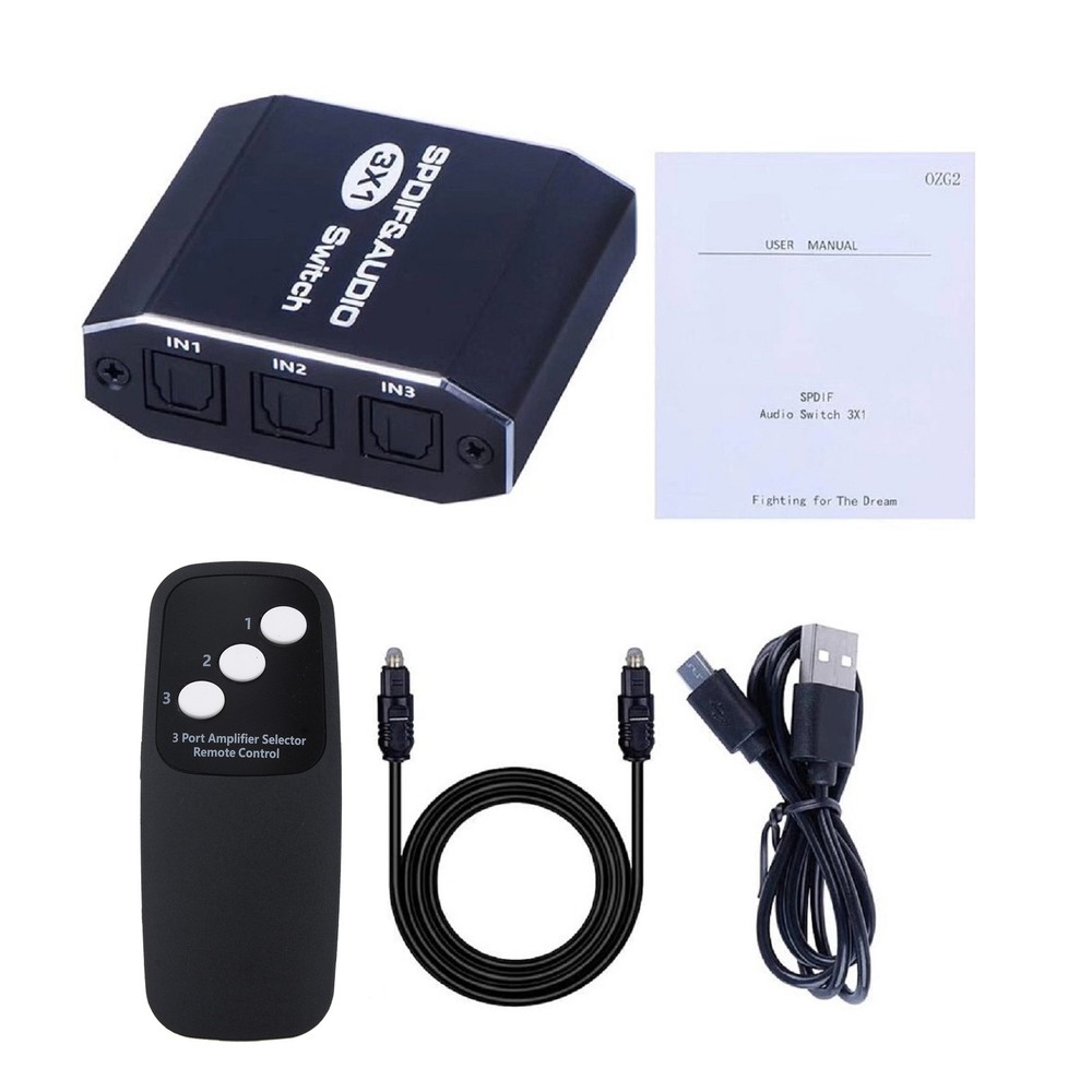 NEW 3×1 Aluminum Spdif Toslink Optical Digital Audio Splitter Remote Switch Hub