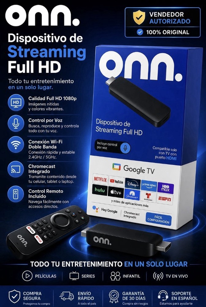 onn. Full HD Streaming Device Google TV 1080p HDMI Wi-Fi Voice Chromecast Dolby