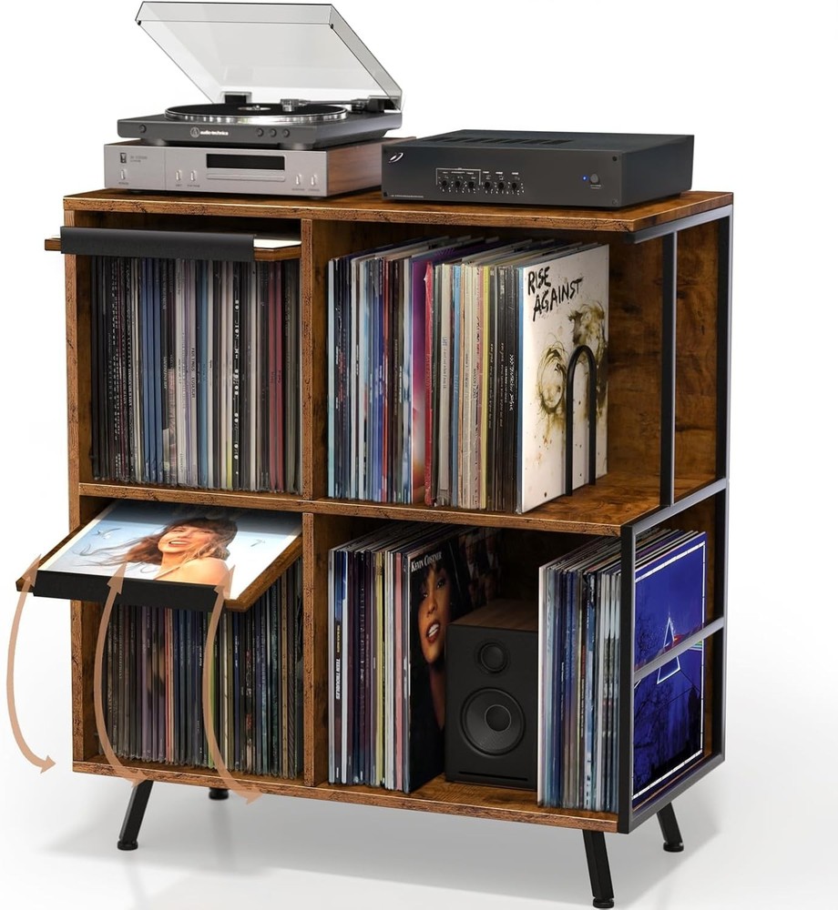 Record Player Stand Vinyl Storage Cabinet For Albums Speakers Rustic Wood