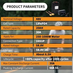48V 20Ah Ebike Lithium LiFePO4 Battery for Scooter Electric Bike Motor 40A BMS