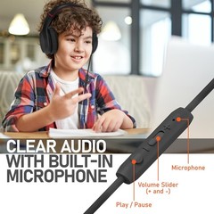 FosPower Wired Kids Headphones For School, Microphone Mic, 3.5mm Cable Black/Red