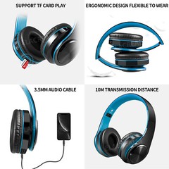 Blue Wireless Bluetooth Foldable Headphones Over Ear Hi-Fi Stereo Headset PC TV