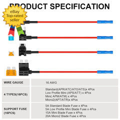 16 Pack 4 Types Fuse Tap, Upgraded 12V Car Add a Circuit Fuse Tap Kit