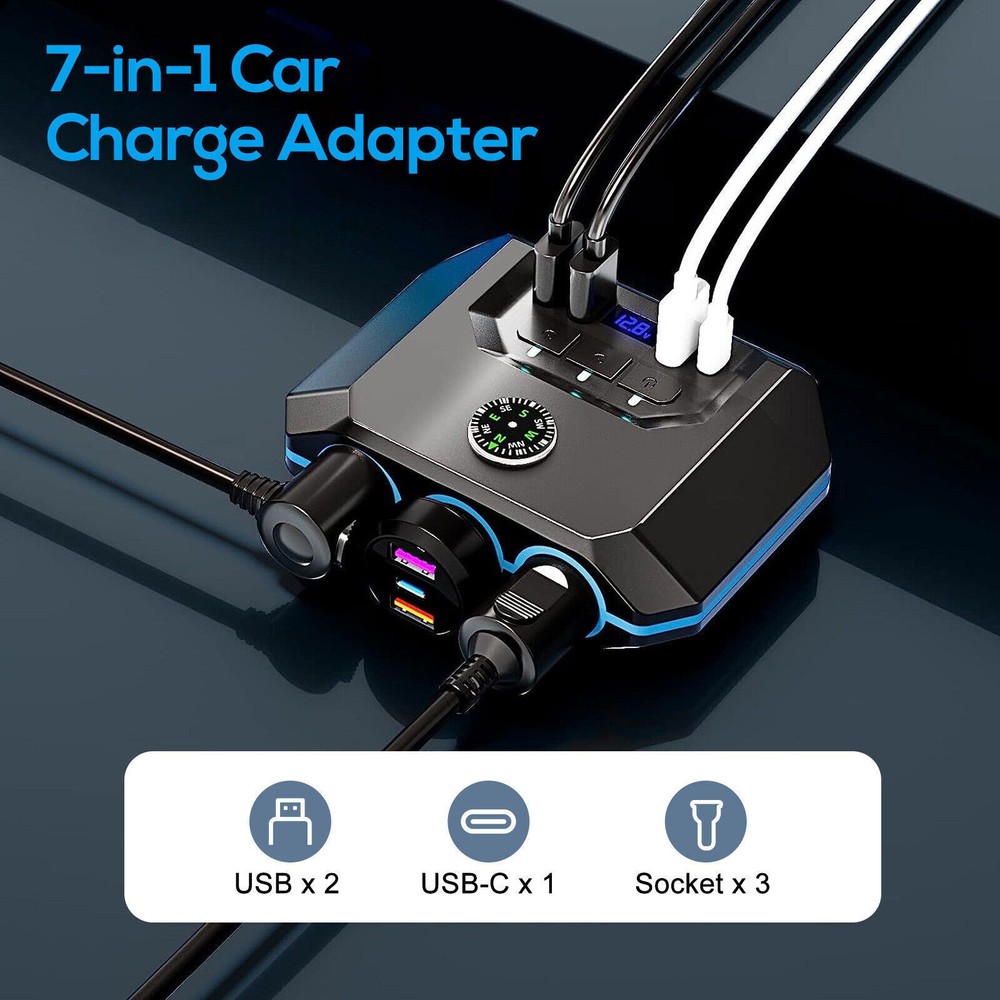 Car Cigarette Lighter Socket 3 USB Charger Splitter Outlet Power Adapter 12V-24V