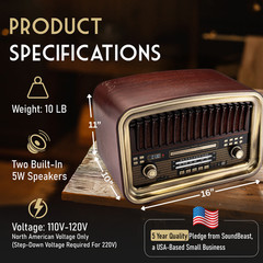 SoundBeast All-in-One AM/FM Wooden Radio with CD Player, Bluetooth, USB, Aux, SD