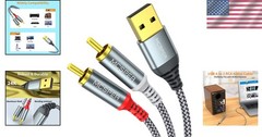 USB to RCA Audio Cable (6.6FT) Nylon Braided USB to RCA Adapter for PC, Laptop