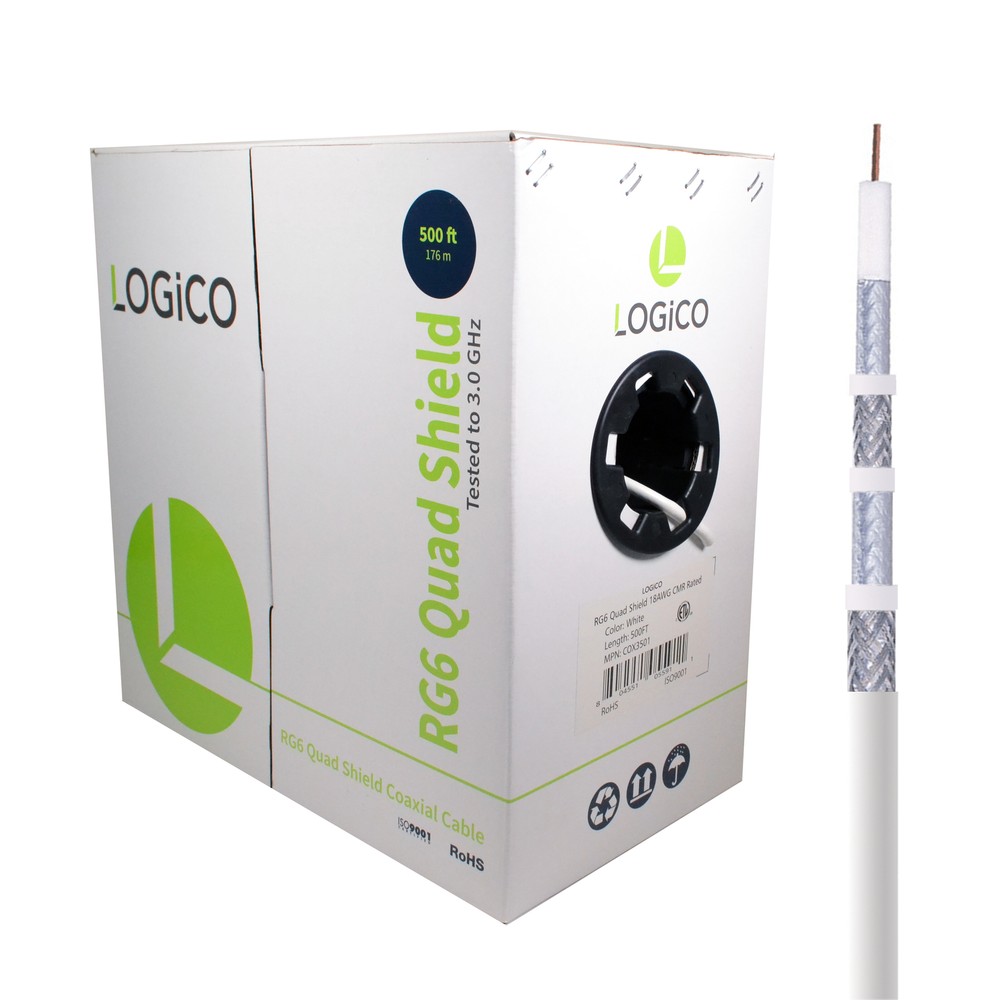 RG6 Quad Shield Coaxial Cable 18 AWG 500ft Bulk Coax Satellite TV White