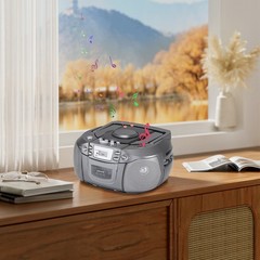 Silver Portable Bluetooth CD Cassette Boombox AM FM Radio USB Stereo Speaker