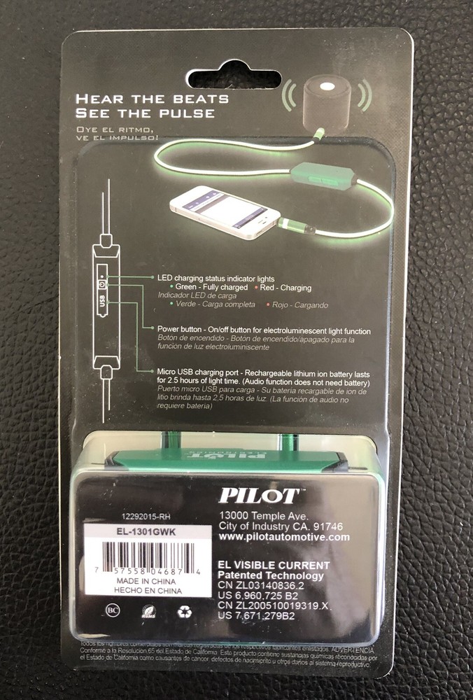 Pilot Electronics EL-1301BWK Auxiliary Music Sync Audio Cable, 3.5mm, Green