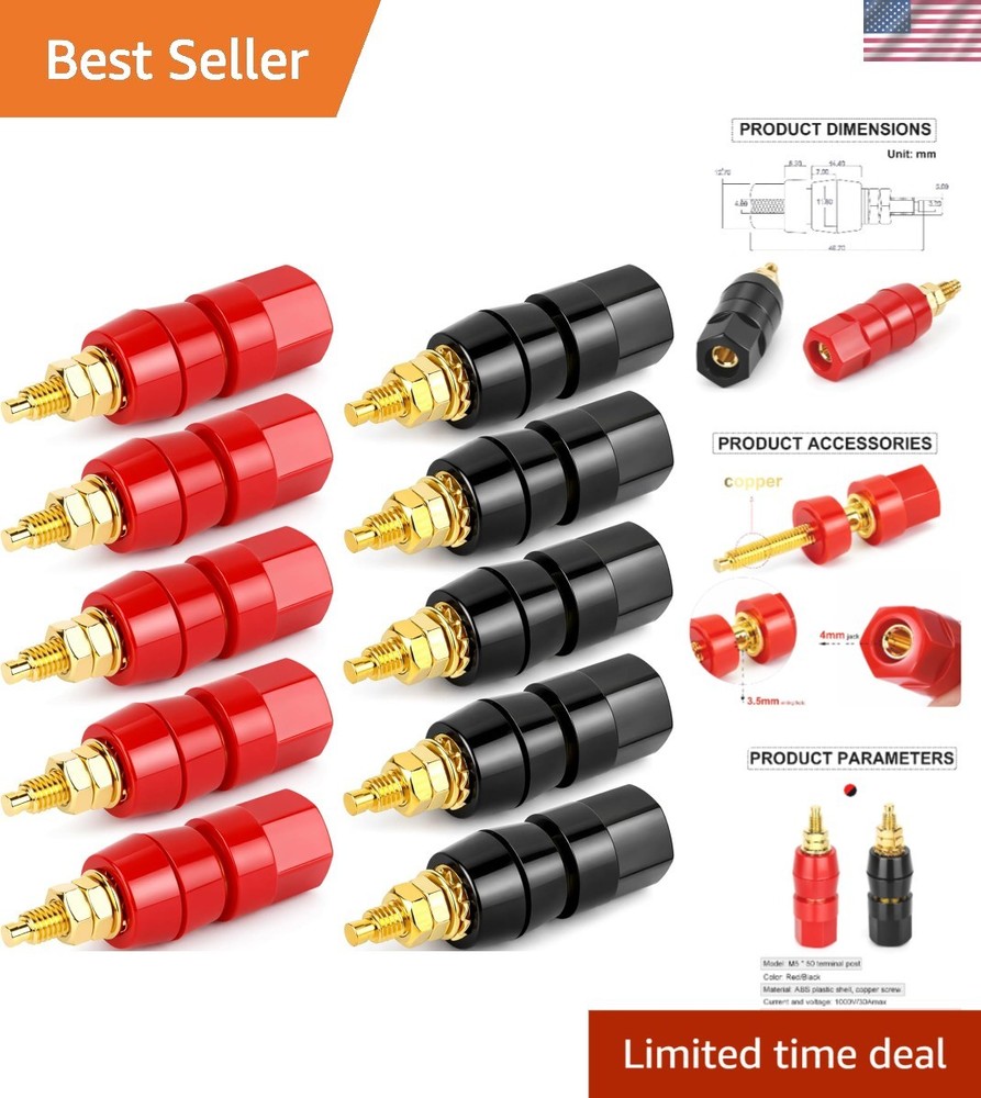 10Pcs M5 x 50mm Speaker Binding Posts – Red & Black Insulated Terminals