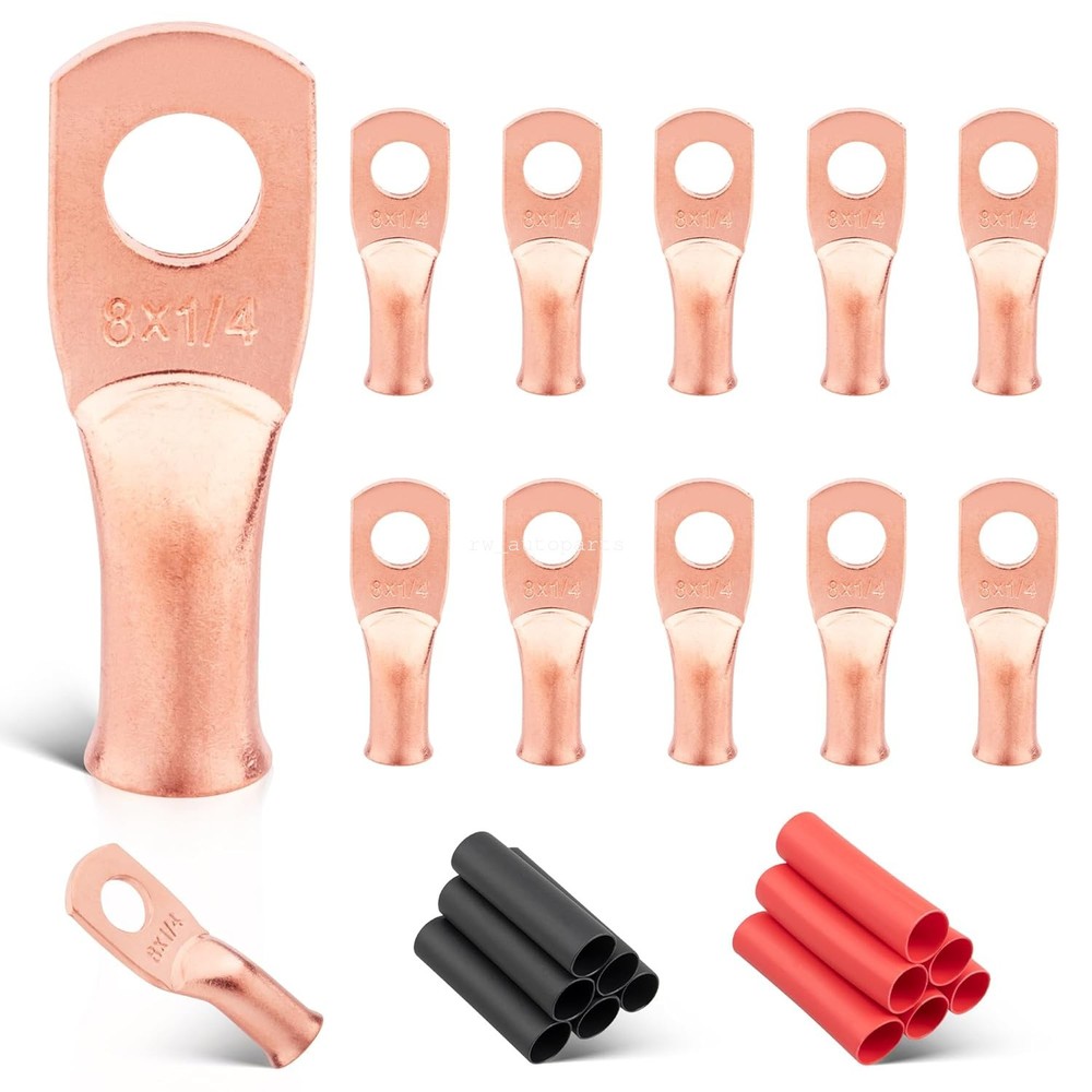 10× 8 AWG 1/4″ Copper Lug Battery Ring Terminals Cable Ends Heavy Duty Wire Lugs