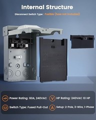 60 Amp Fused AC Disconnect Box with Pull-Out 60 Amp Fused (Fuse Not Included)
