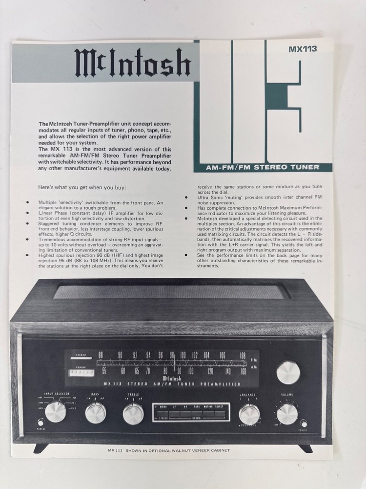 Vintage McIntosh MX113 AM-FM Stereo Tuner Preamplifier Color Sales Spec Booklet