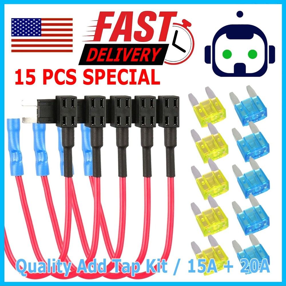 15Pcs Fuse TAP ADAPTER KIT 12V 20 Amp Car Add-a-circuit Mini ATM APM Blade Fuse