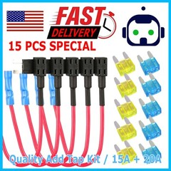 15Pcs Fuse TAP ADAPTER KIT 12V 20 Amp Car Add-a-circuit Mini ATM APM Blade Fuse