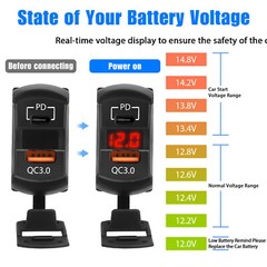Dual USB QC3.0+PD Car Fast Charger Adapter Switch Socket Power Outlet Waterproof