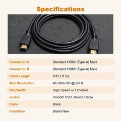 6FT HDMI Cable 4K High Speed for HDTV PS5 PS4 Xbox Series X Monitor Laptop Roku