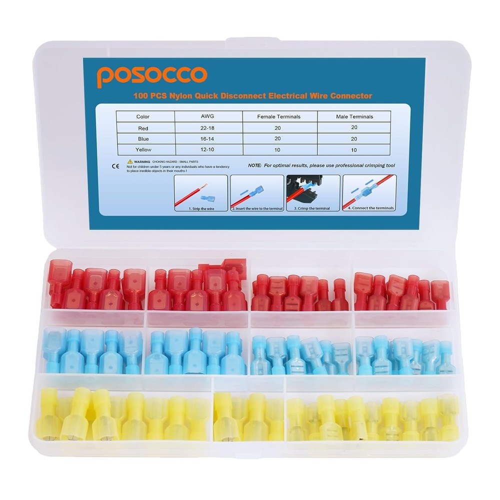 Spade Terminal Wire Connectors 100Pcs Male Female Insulated Quick Disconnect Set