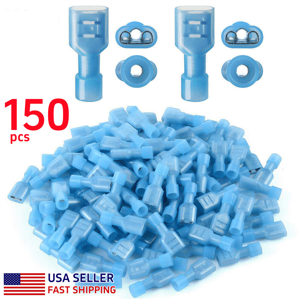 150PCS Blue Female 1/4″ Spade Terminals Insulated Crimp AWG 16-14 Wire Connector
