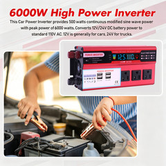 Pure Sine Wave Solar Converter 6000W Car Power Inverter DC 12V To AC 110V 4 USB