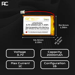 Lithium Polymer Battery 3.7V 2000mAh 103450 Lipo Rechargeable Battery
